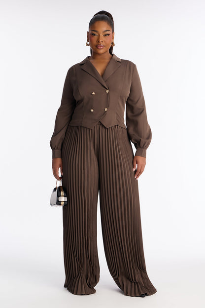 Office Ready Pleated Wide Leg Jumpsuit - Brown