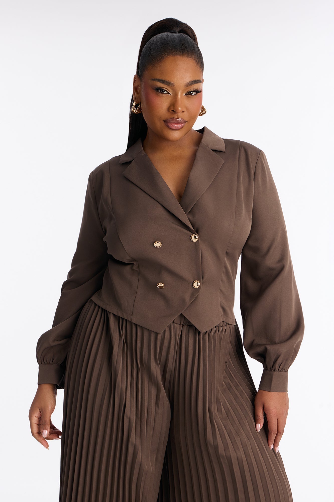 Office Ready Pleated Wide Leg Jumpsuit - Brown