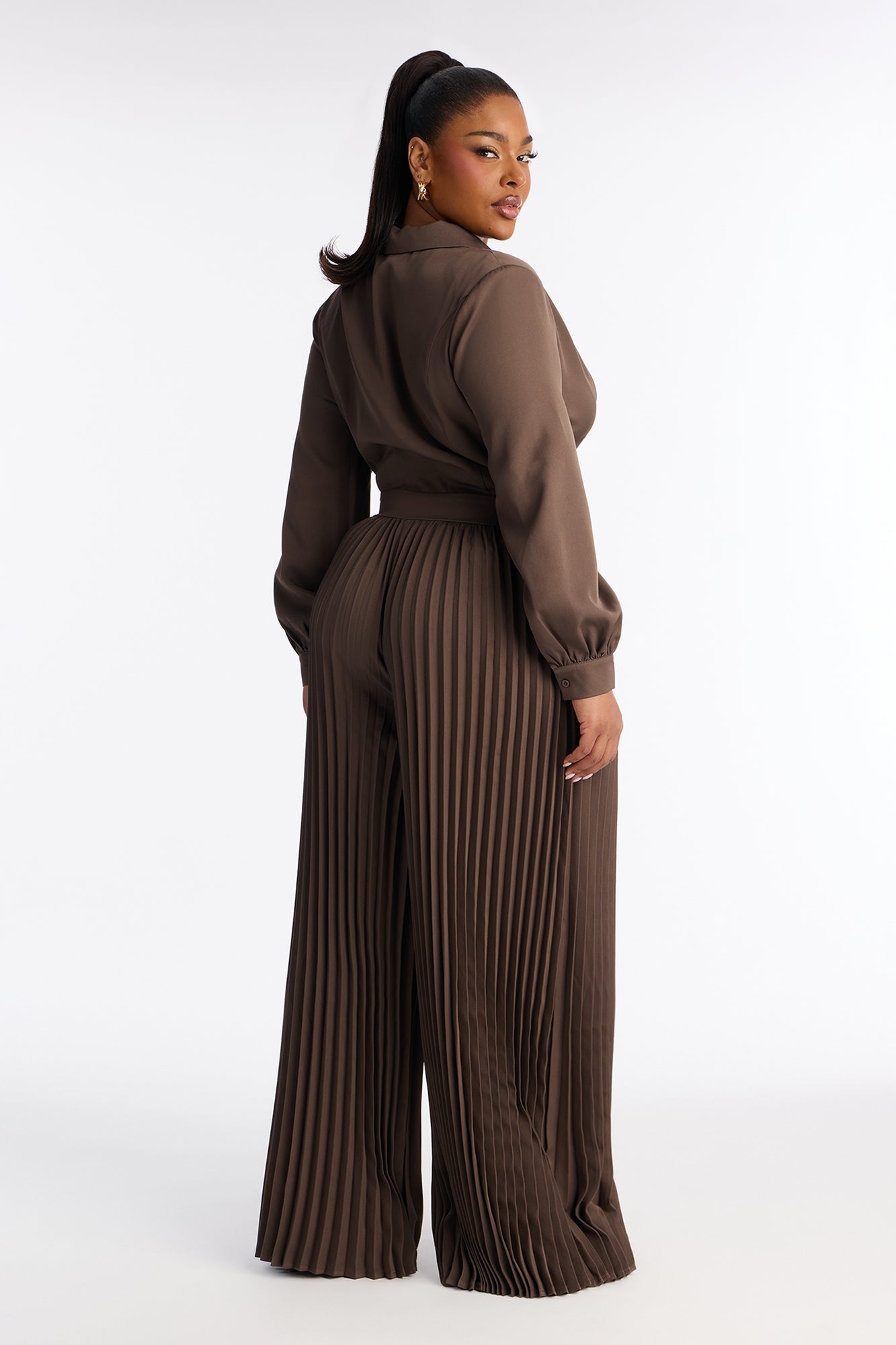 Office Ready Pleated Wide Leg Jumpsuit - Brown