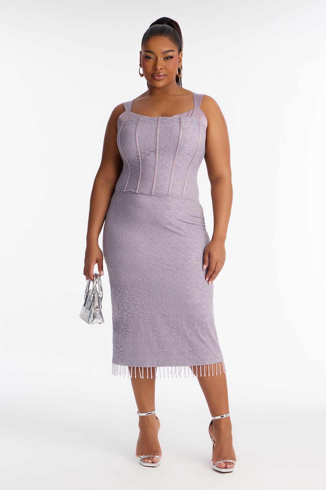 Daniela Fringe Corset Lace Midi Dress - Lavender