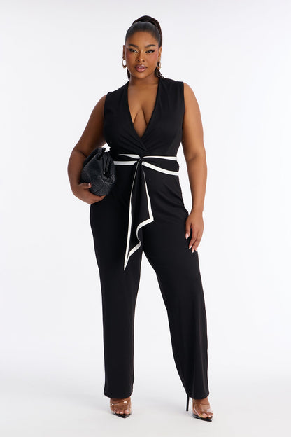 Talia Deep V Tie Waist Jumpsuit - Black