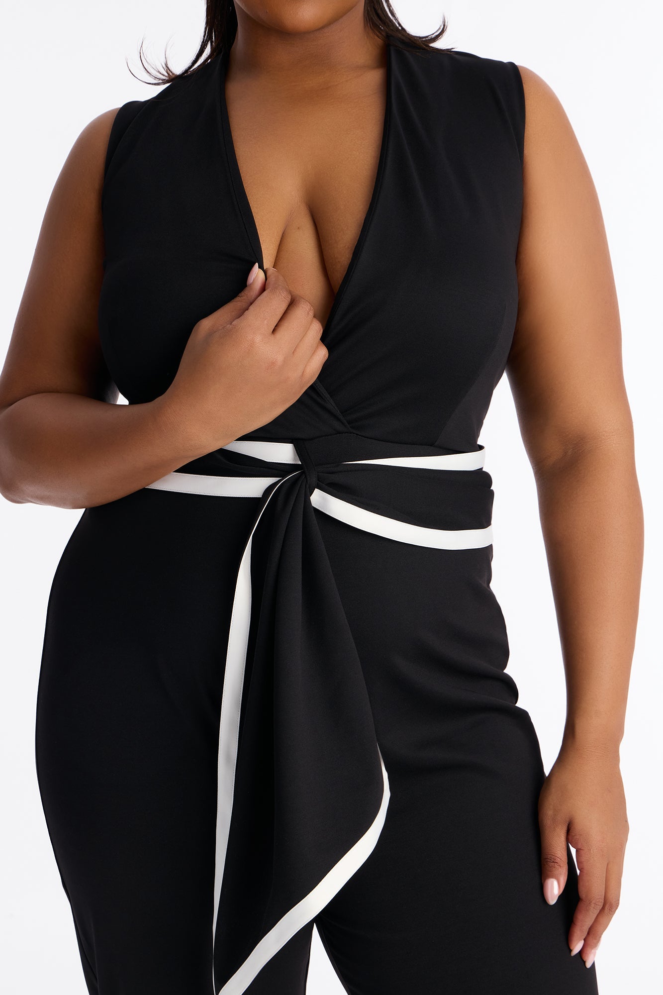 Talia Deep V Tie Waist Jumpsuit - Black