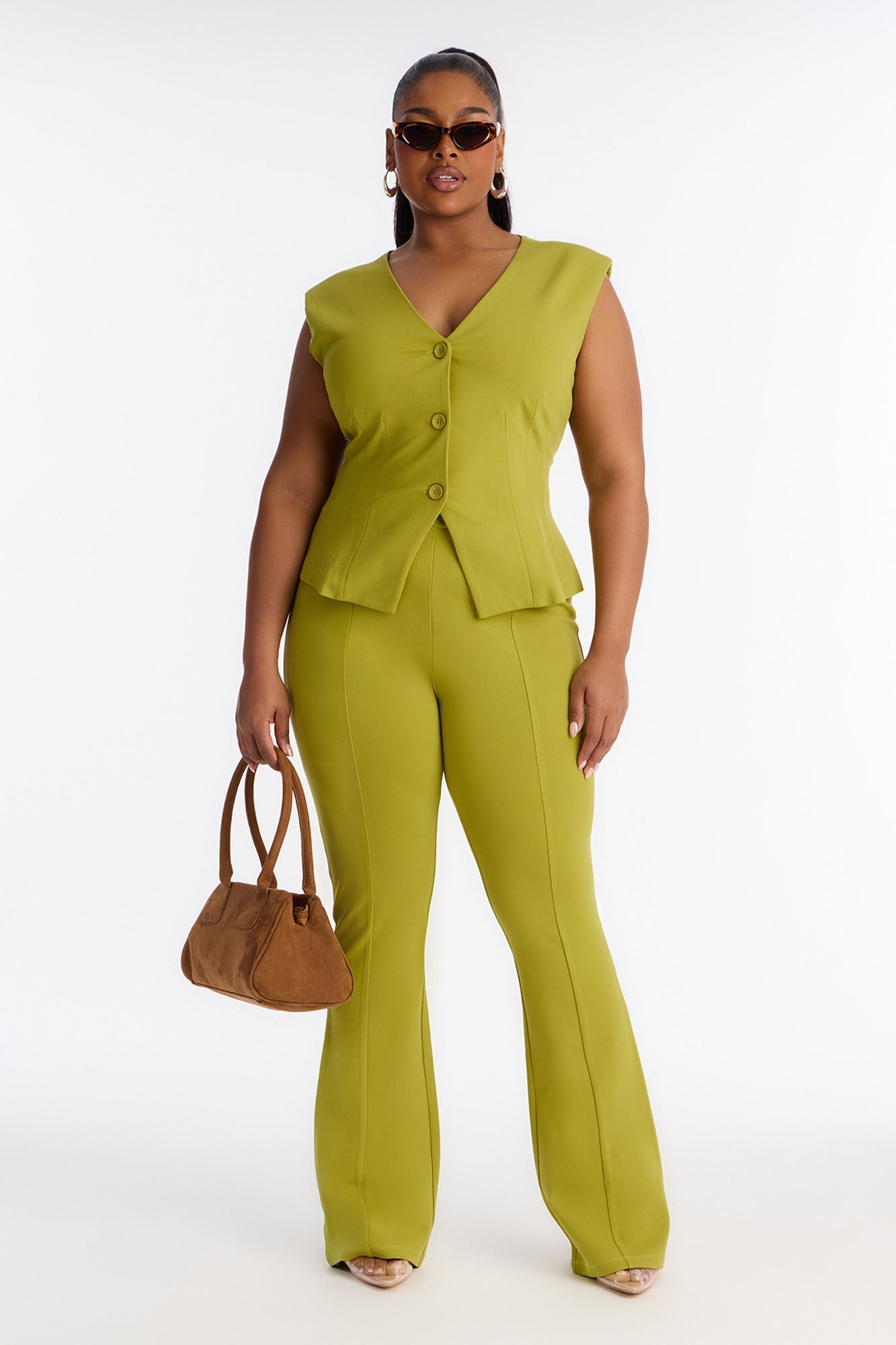 Inez Ponte Vest Flare Pant Set - Green
