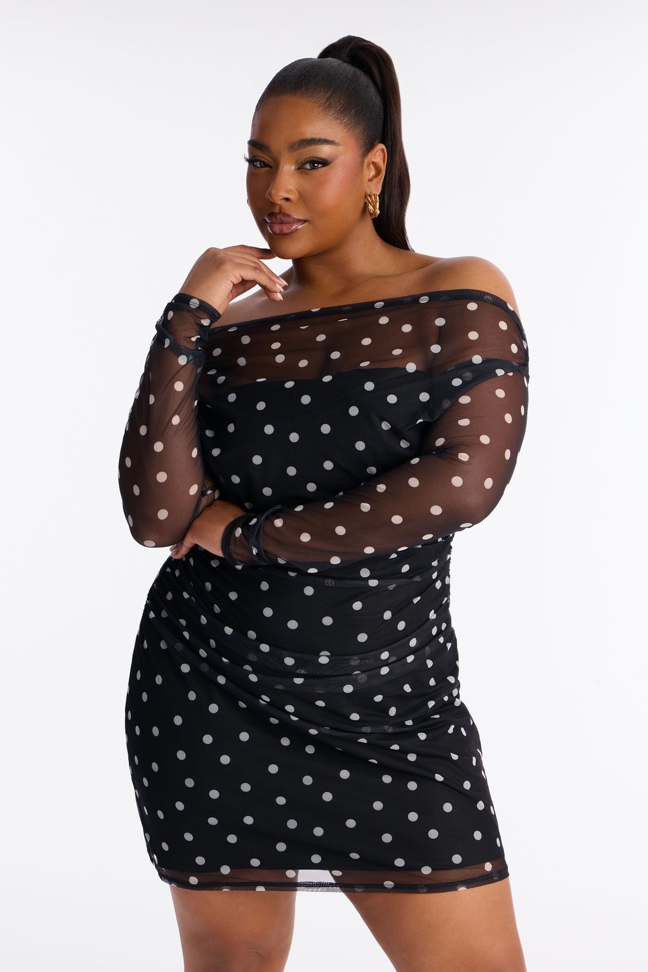 Out And About Polka Dot Mesh Mini Dress - Black/White