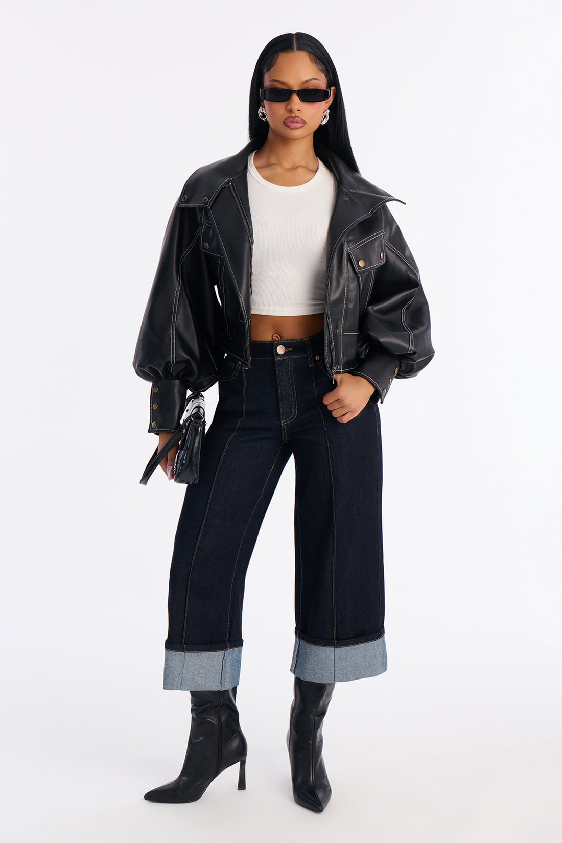 Claire Cuffed Pintuck Jeans - Dark Denim