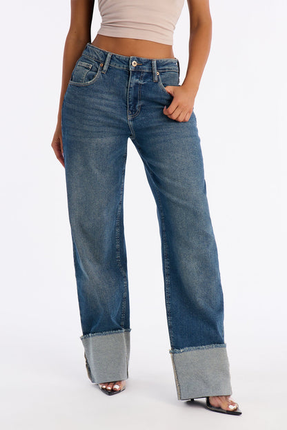 More To Come Cuffed Wide Leg Jeans - Dark Wash