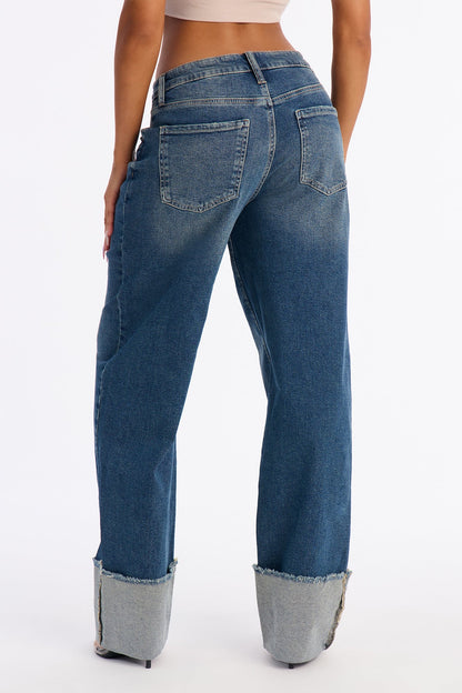 More To Come Cuffed Wide Leg Jeans - Dark Wash