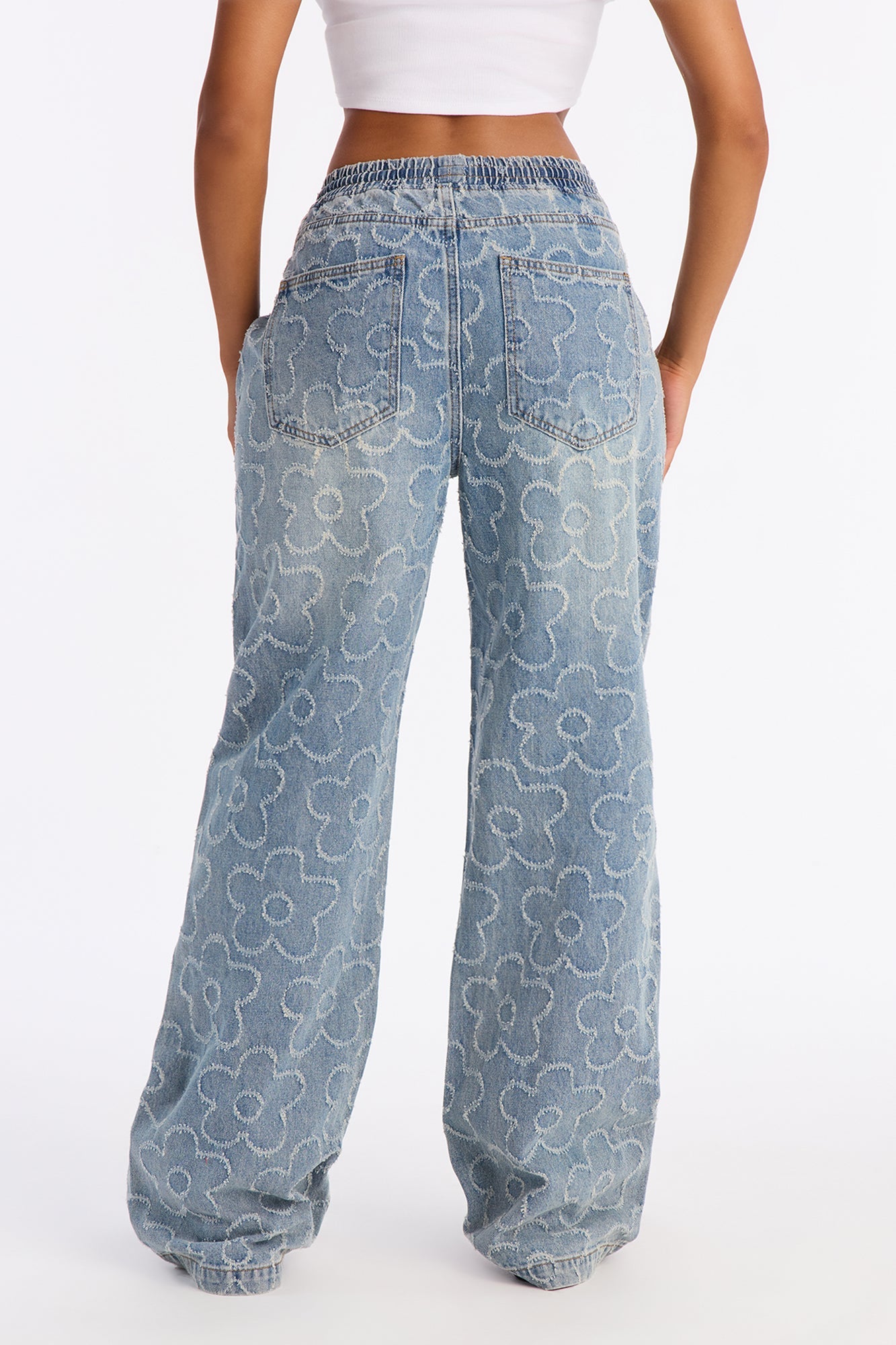 Flower Power Pull On Tie Waist Straight Leg Jeans - Medium Wash