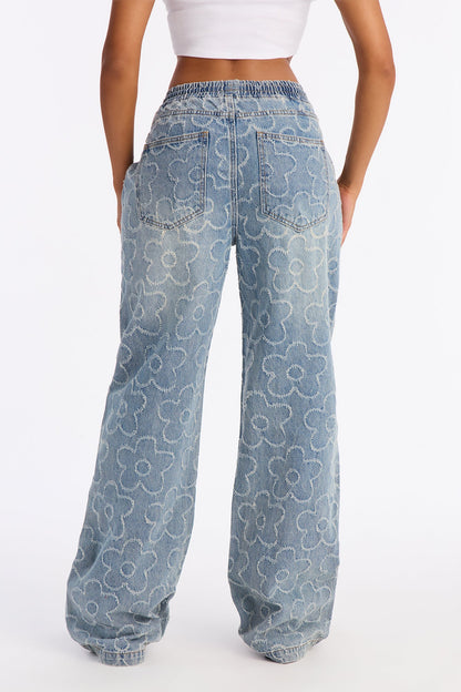 Flower Power Pull On Tie Waist Straight Leg Jeans - Medium Wash