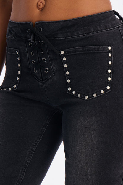 Concert Buddies Lace Up Bootcut Jeans - Black Wash