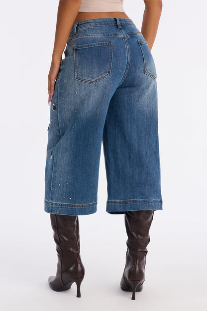 Fine Taste Embellished Culotte Jeans - Dark Wash