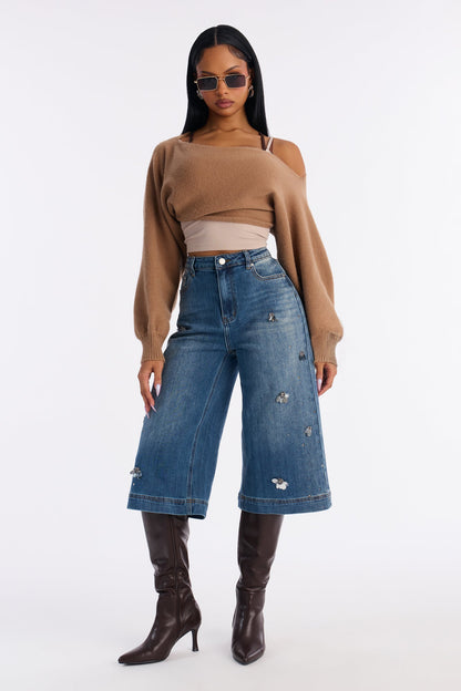 Fine Taste Embellished Culotte Jeans - Dark Wash