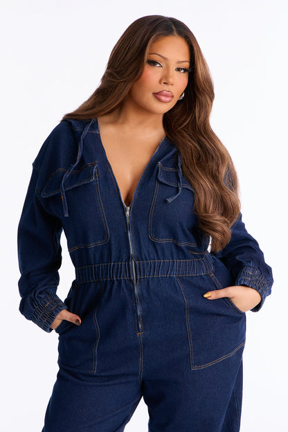 Faye Hooded Denim Jumpsuit - Dark Wash