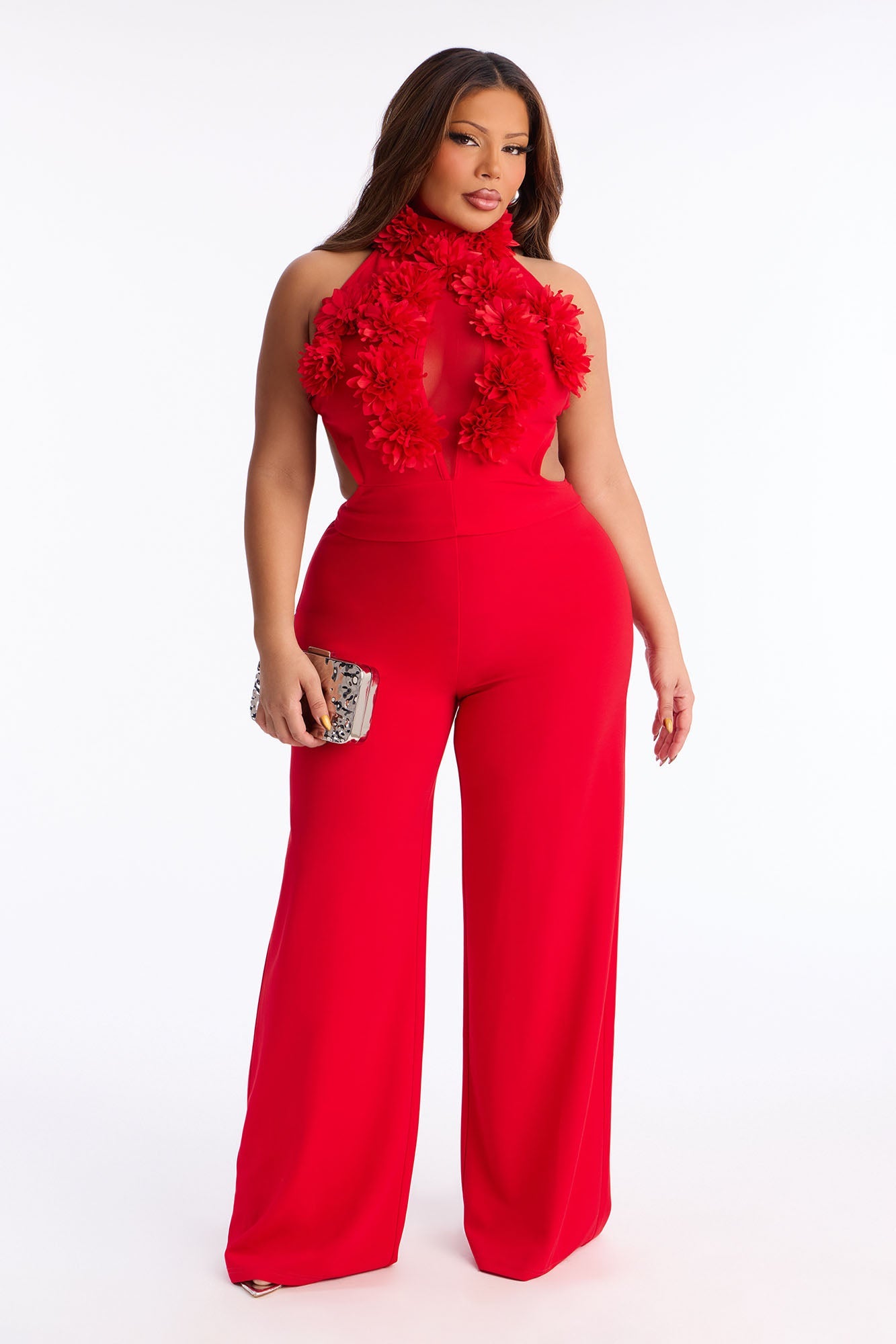Kennedy 3D Floral Mock Neck Jumpsuit - Red