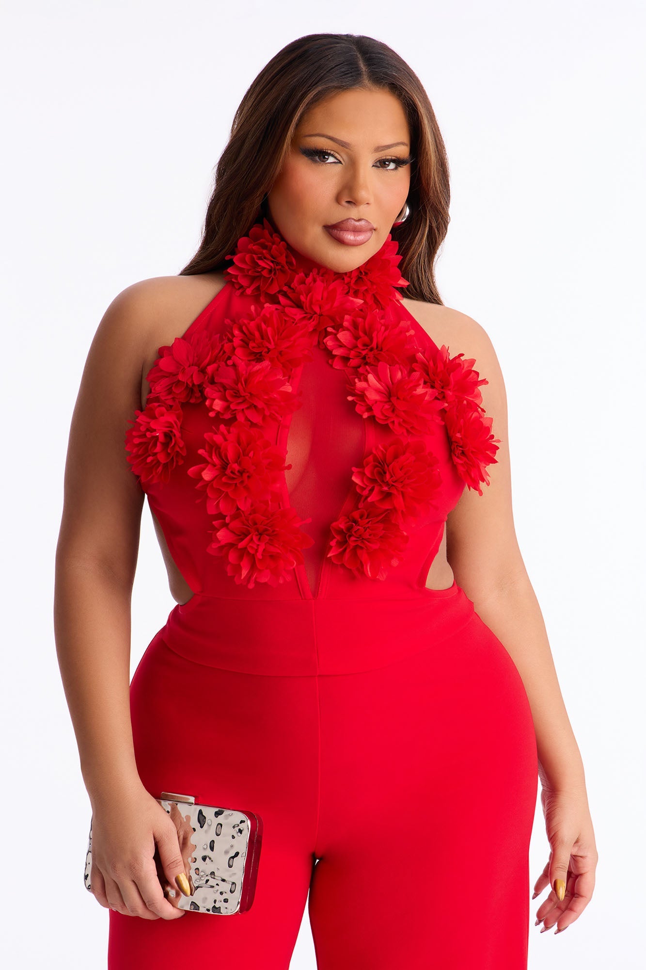 Kennedy 3D Floral Mock Neck Jumpsuit - Red