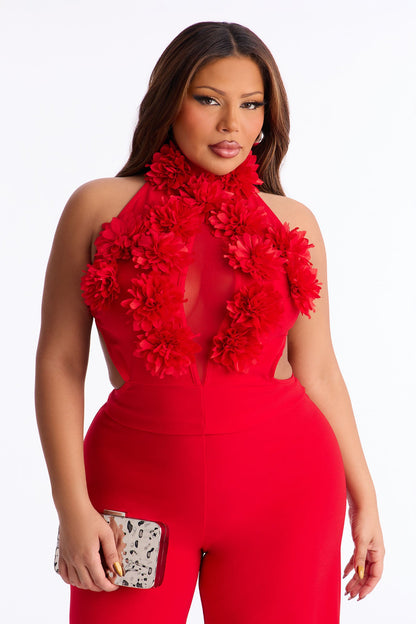 Kennedy 3D Floral Mock Neck Jumpsuit - Red