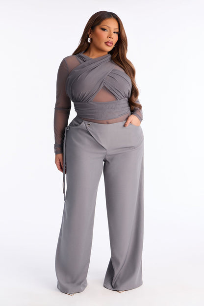 Subtle Slay Crepe Tie Waist Pant 33″ - Grey