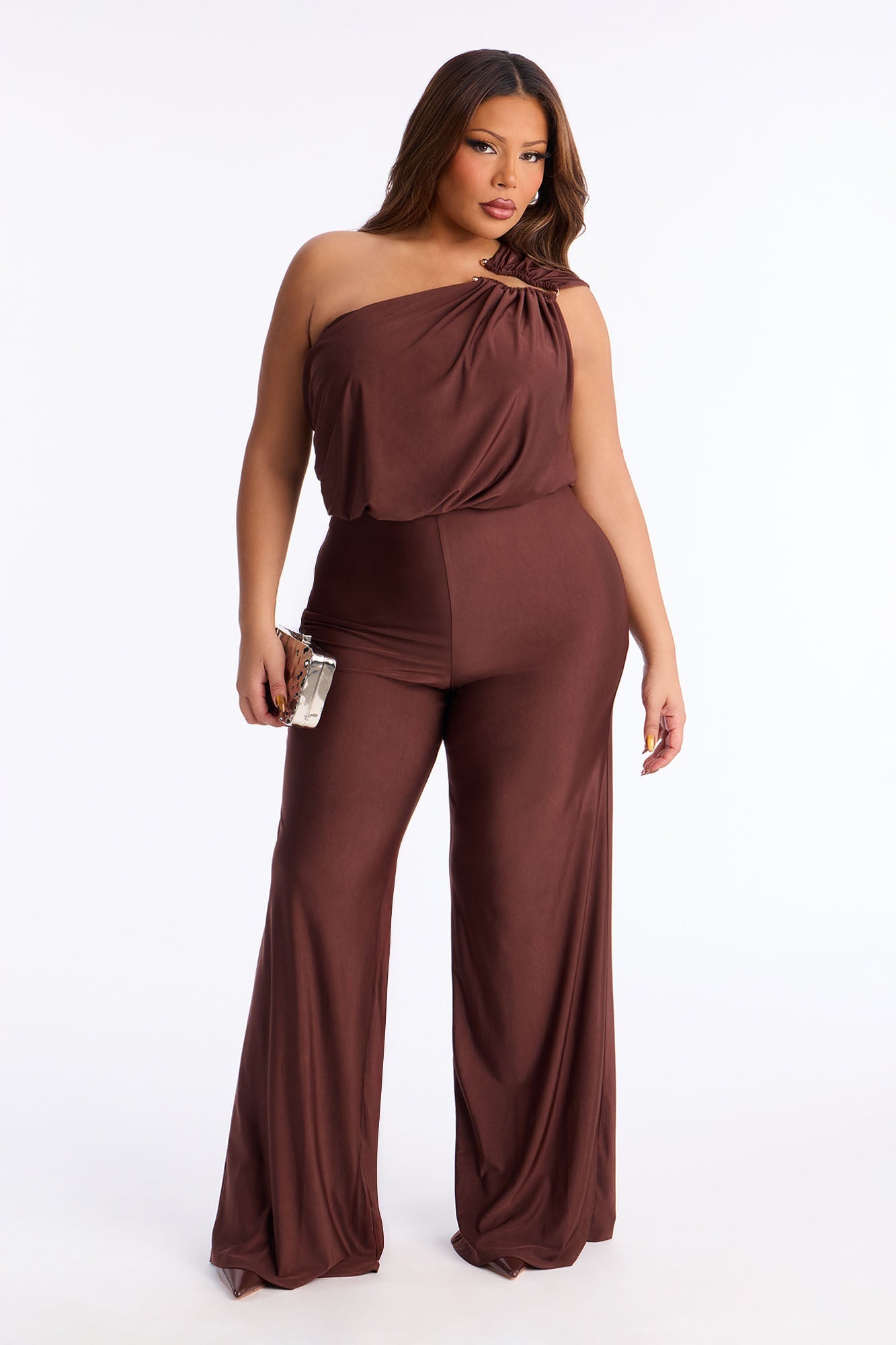 Girls That Brunch One Shoulder Wide Leg Jumpsuit - Chocolate