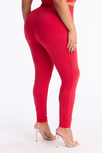 Adalynn High Waisted Lace Trim Legging 29″ - Red
