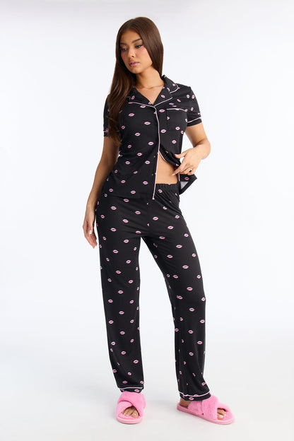 Besitos Short Sleeve PJ Pant Set - Black/Pink