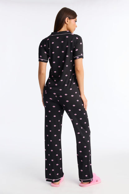 Besitos Short Sleeve PJ Pant Set - Black/Pink