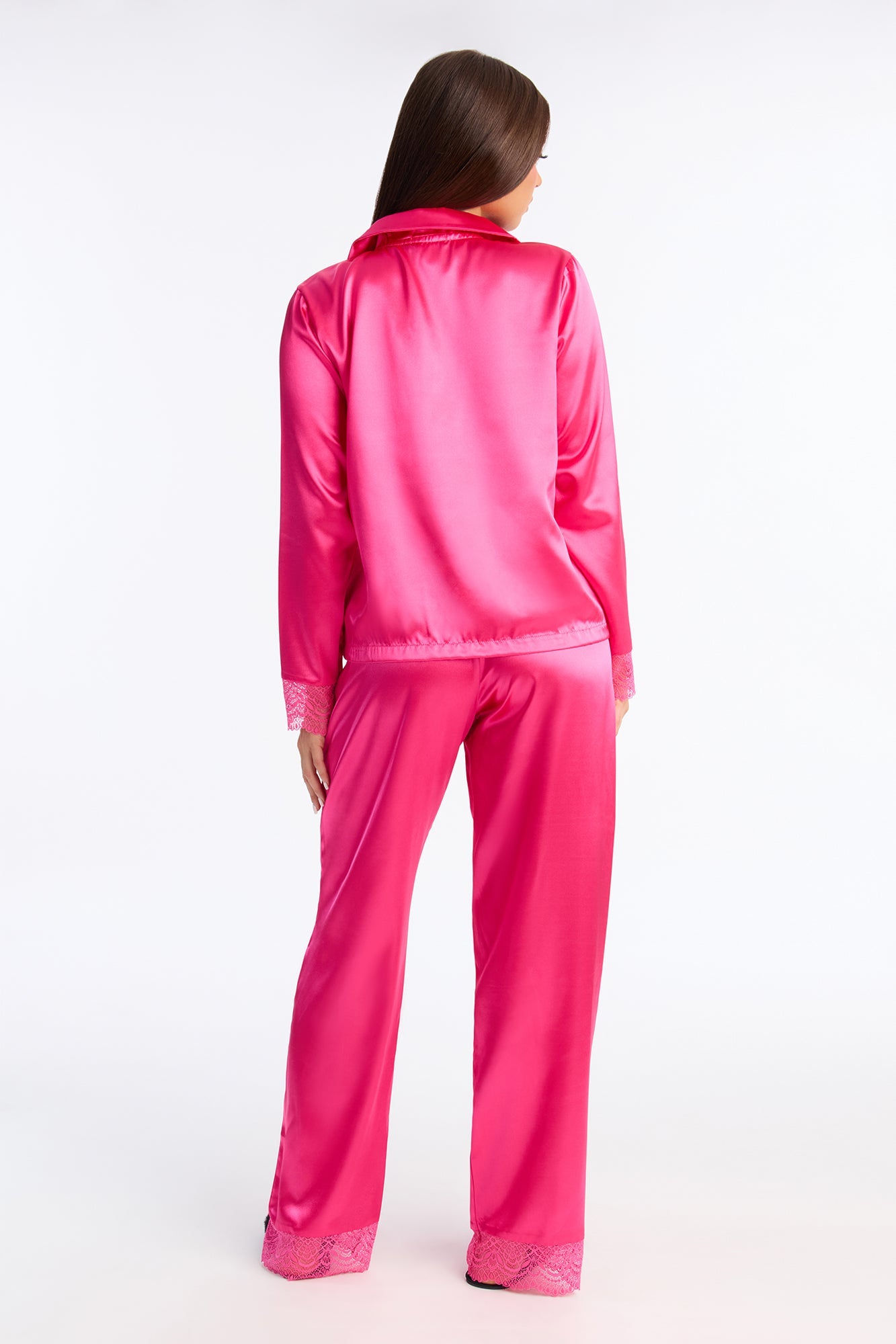 Getting Sleepy Satin Lace Trim Long Sleeve PJ Pant Set - Hot Pink