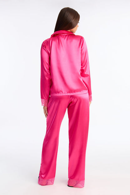 Getting Sleepy Satin Lace Trim Long Sleeve PJ Pant Set - Hot Pink