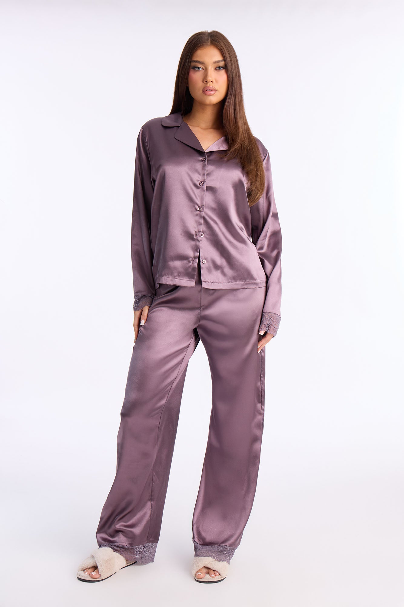 Getting Sleepy Satin Lace Trim Long Sleeve PJ Pant Set - Purple