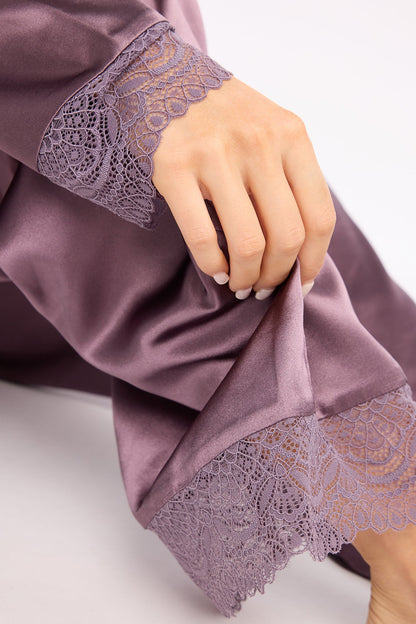 Getting Sleepy Satin Lace Trim Long Sleeve PJ Pant Set - Purple