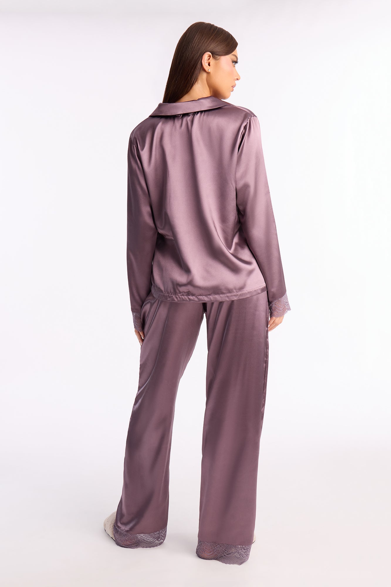 Getting Sleepy Satin Lace Trim Long Sleeve PJ Pant Set - Purple