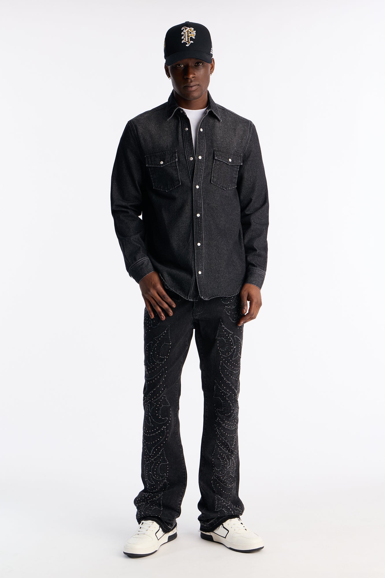 Stacked Skinny Flare Paisley Patch Jeweled Jean - Grey