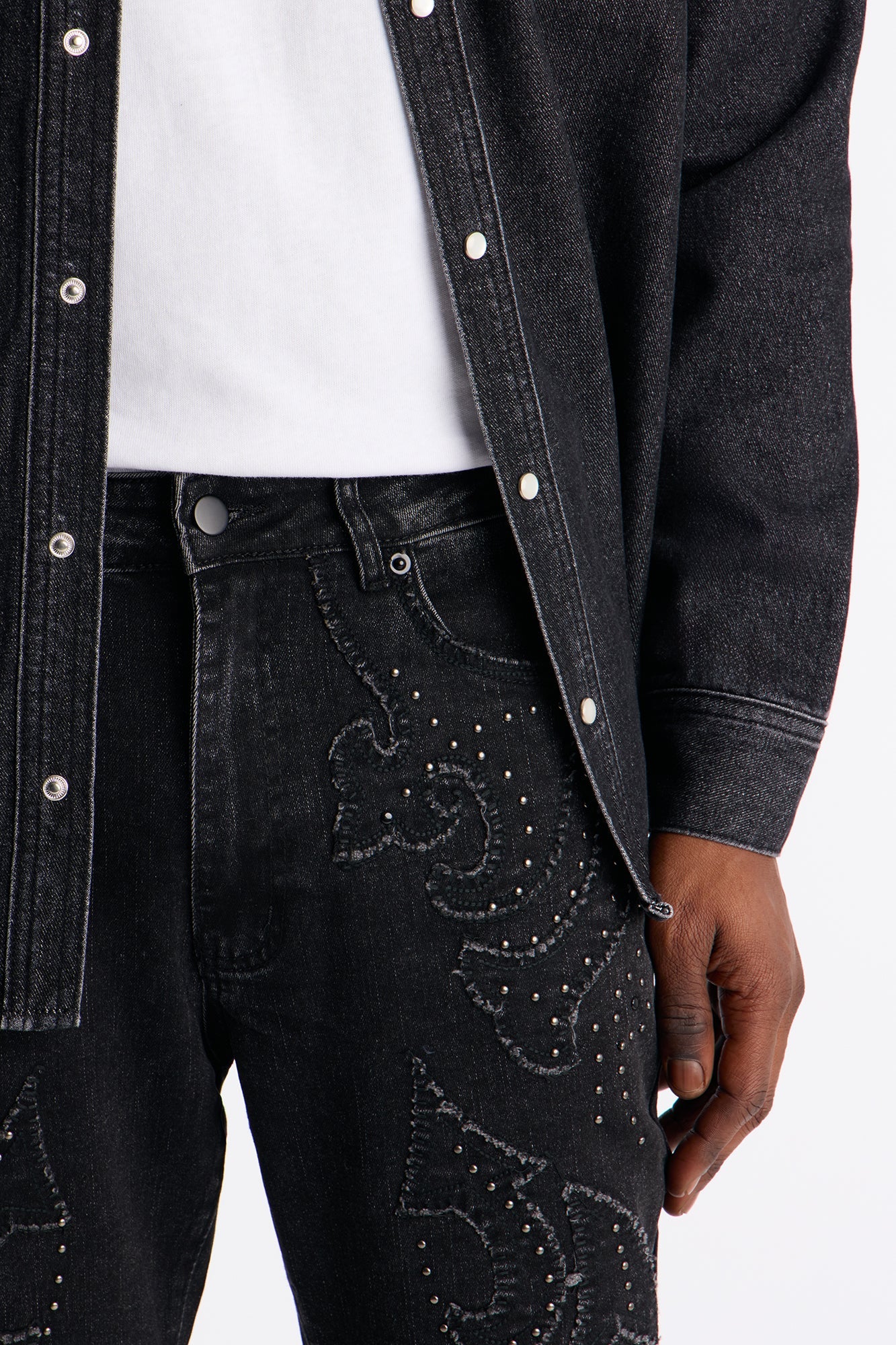 Stacked Skinny Flare Paisley Patch Jeweled Jean - Grey
