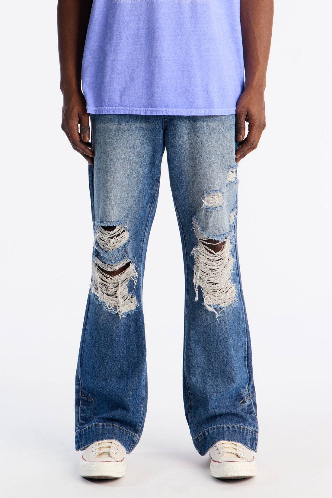 Your Everyday Distressed Straight Flare Jean - Medium Blue Wash
