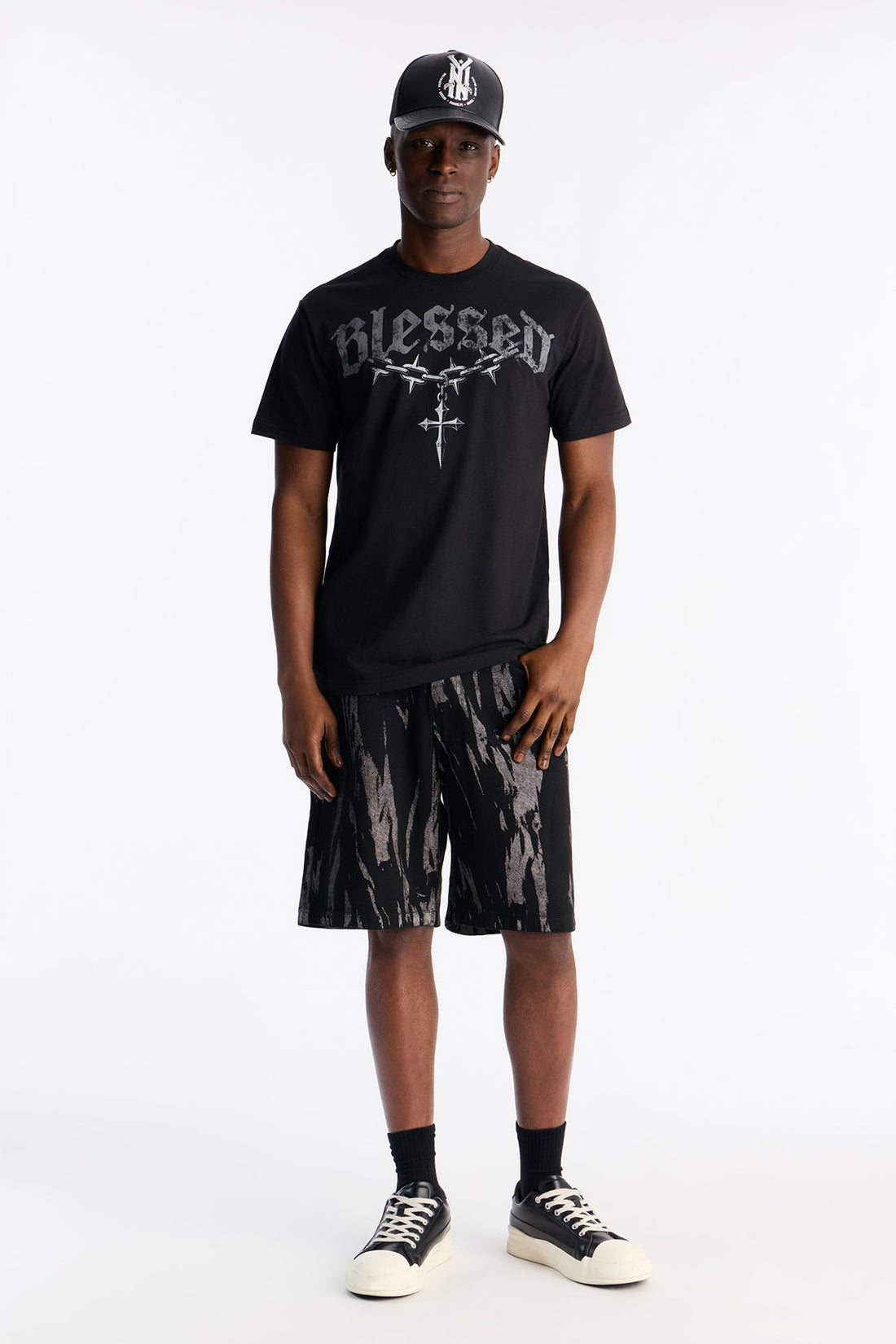 Blessed Cross Chain Graphic Short Sleeve Tee - Black