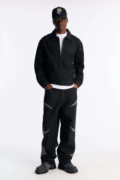 Cropped Crescent Denim Work Jacket - Black