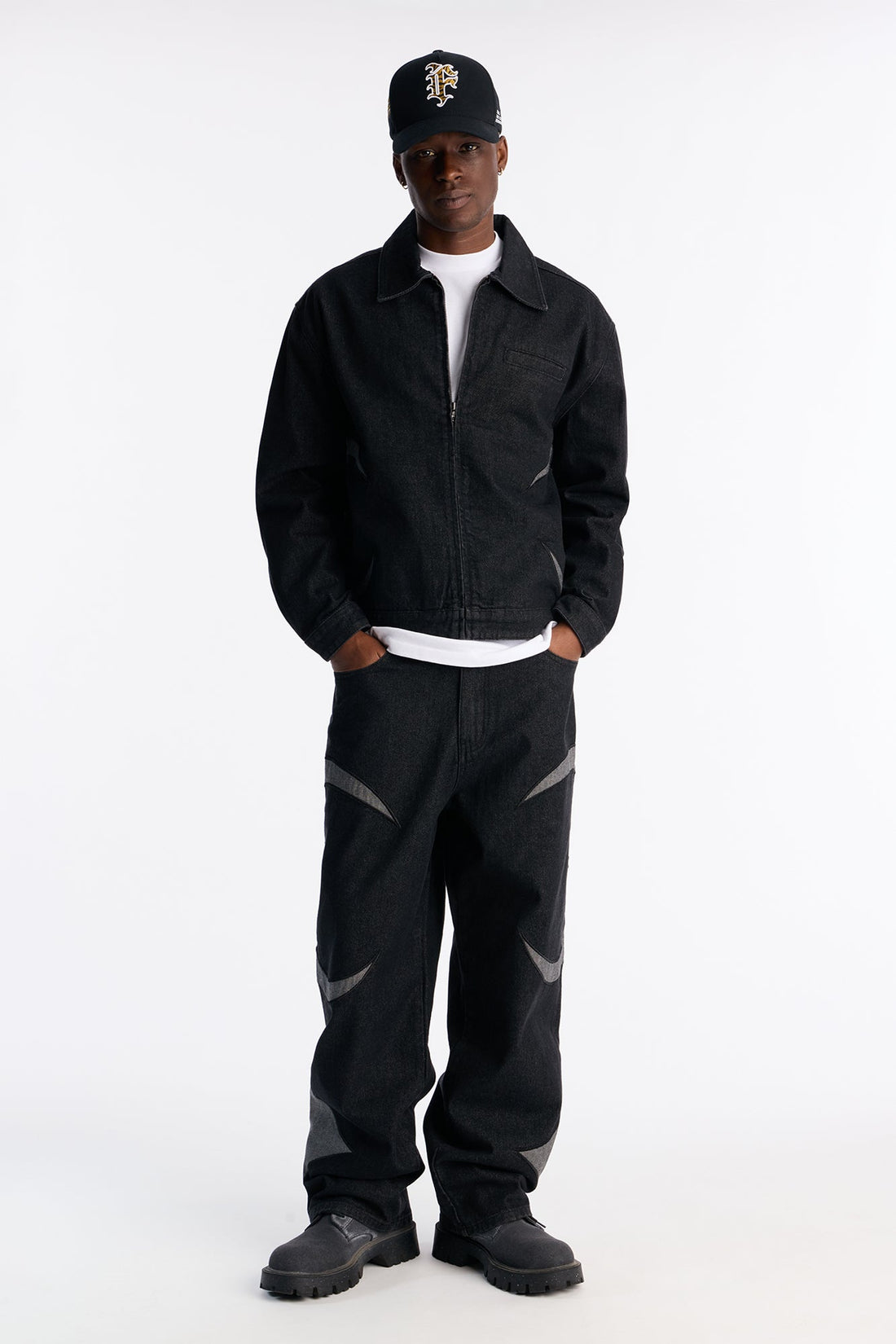 Cropped Crescent Denim Work Jacket - Black