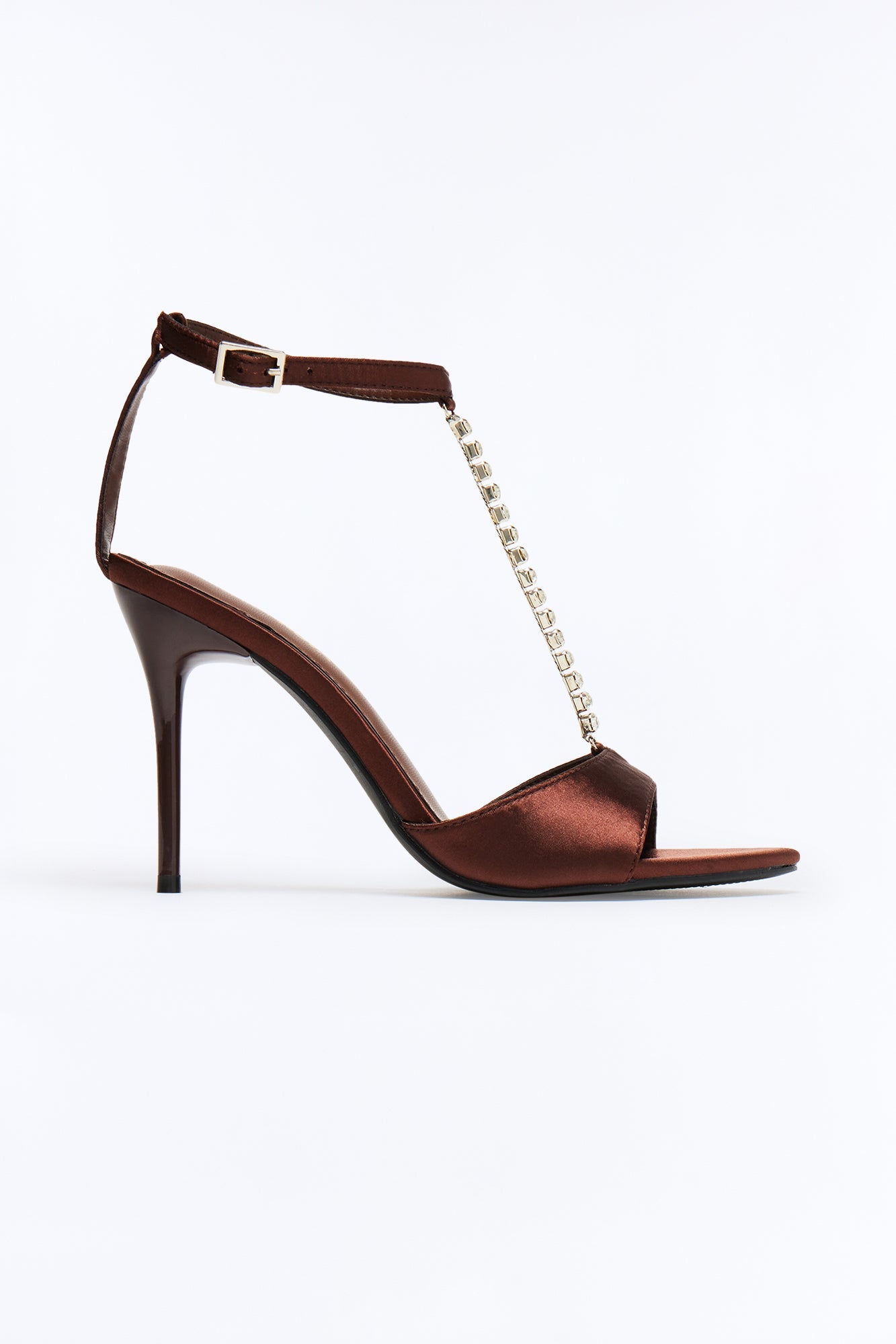 Nicky Rhinestone Satin Heels - Chocolate