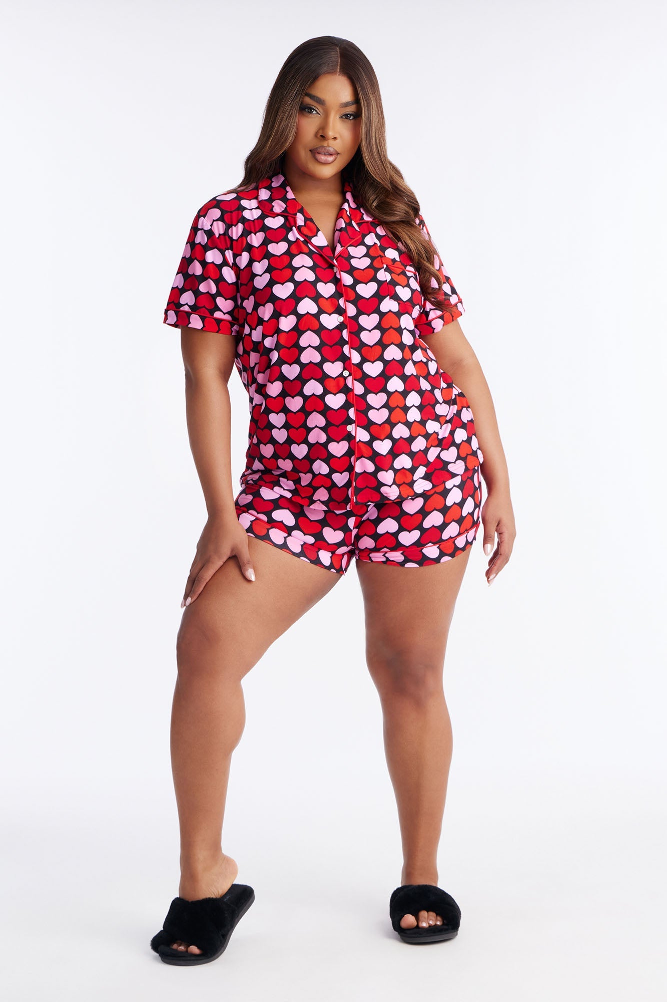 Falling In Love Short Sleeve PJ Short Set - Red/combo