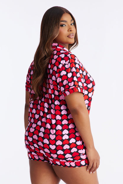 Falling In Love Short Sleeve PJ Short Set - Red/combo