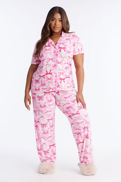 Ribbons And Bows Short Sleeve PJ Pant Set - Pink