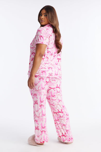 Ribbons And Bows Short Sleeve PJ Pant Set - Pink