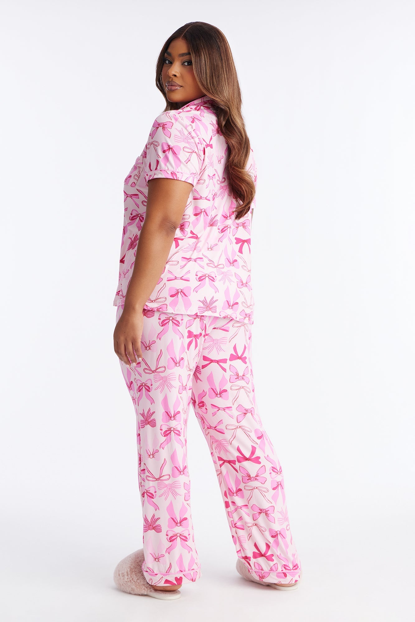 Ribbons And Bows Short Sleeve PJ Pant Set - Pink