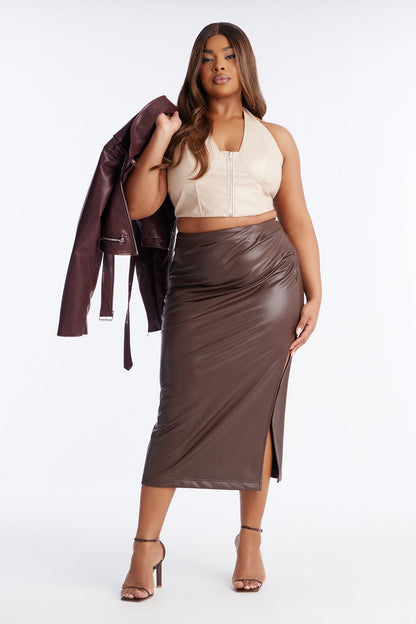 By The Corner Faux Leather Midi Skirt - Chocolate