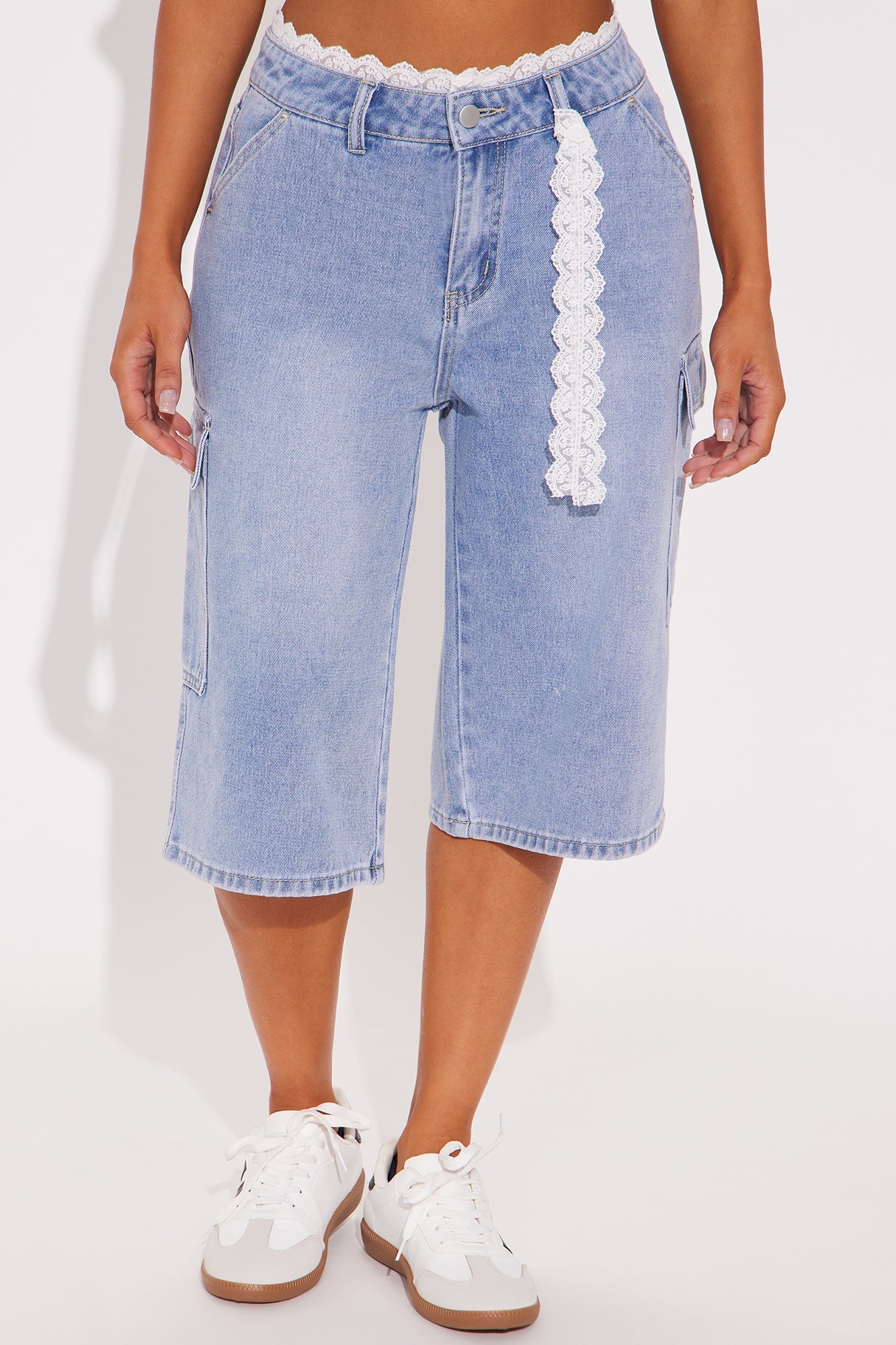 Somewhere Out There Lace Boxer Trim Denim Jorts - Light Wash
