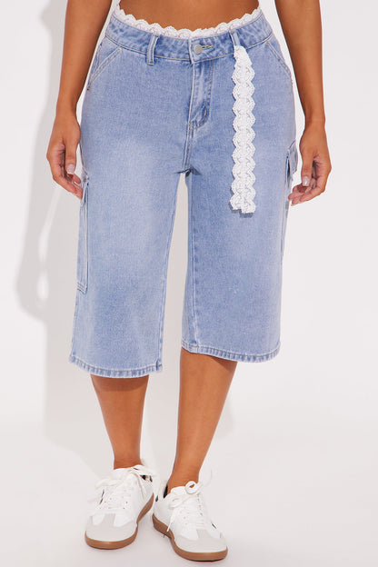 Somewhere Out There Lace Boxer Trim Denim Jorts - Light Wash