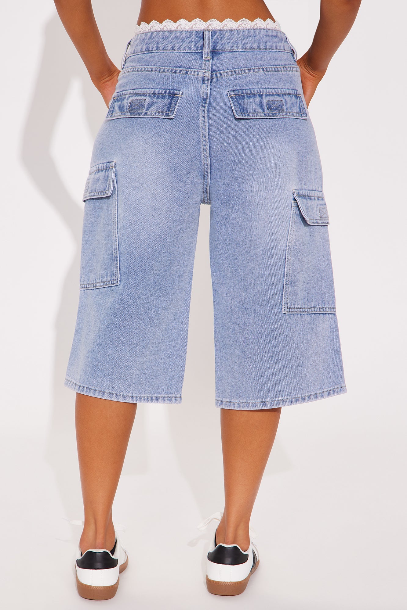 Somewhere Out There Lace Boxer Trim Denim Jorts - Light Wash