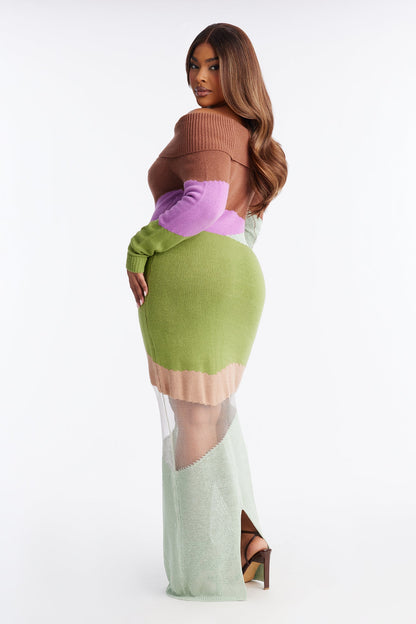 Shayna Off Shoulder Sweater Maxi Dress - Green/combo
