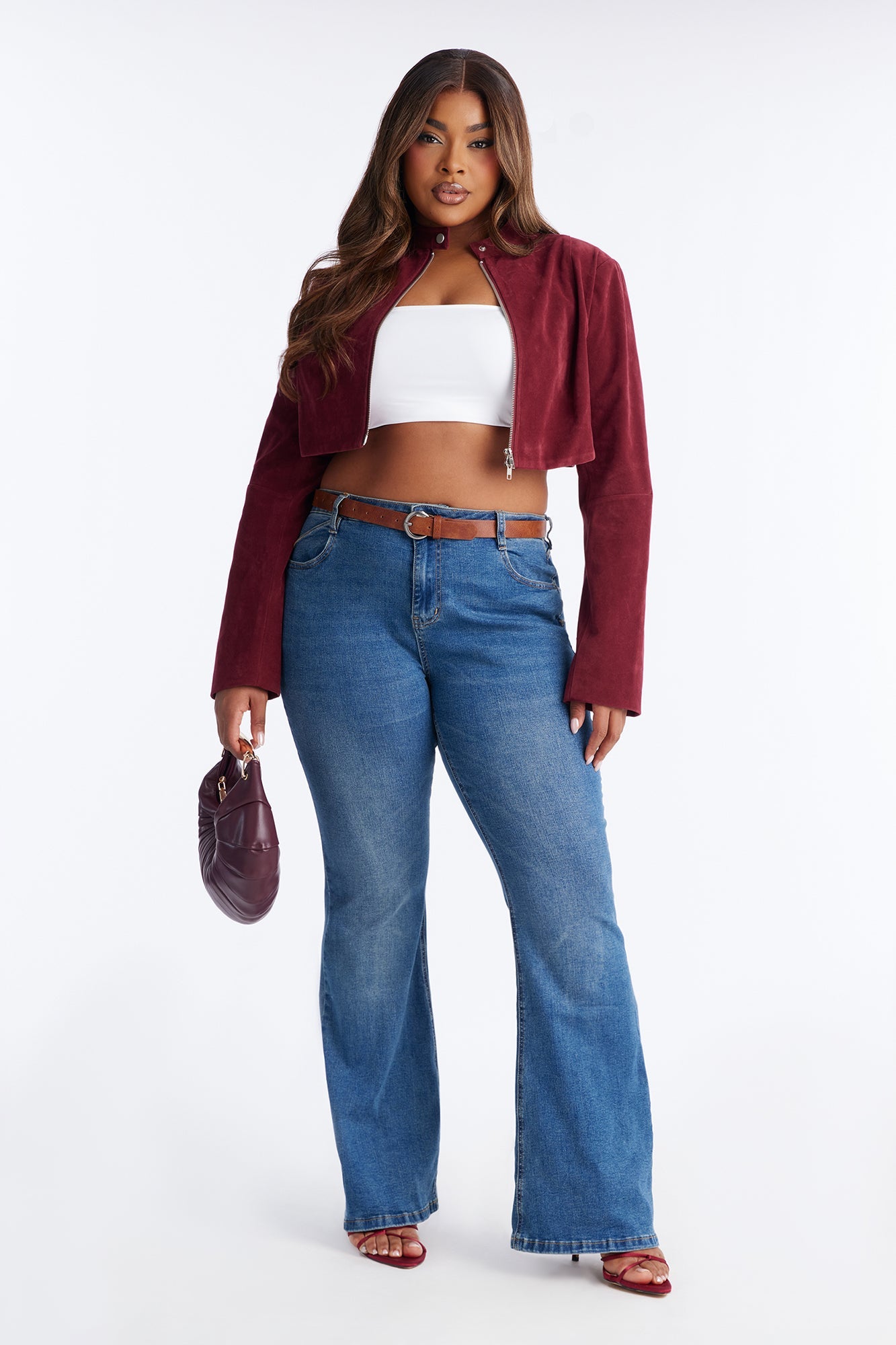 Blake Cropped Faux Suede Moto Jacket - Red