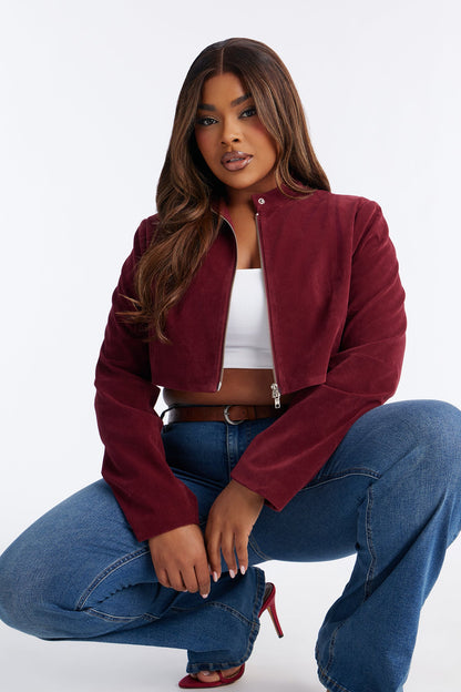 Blake Cropped Faux Suede Moto Jacket - Red