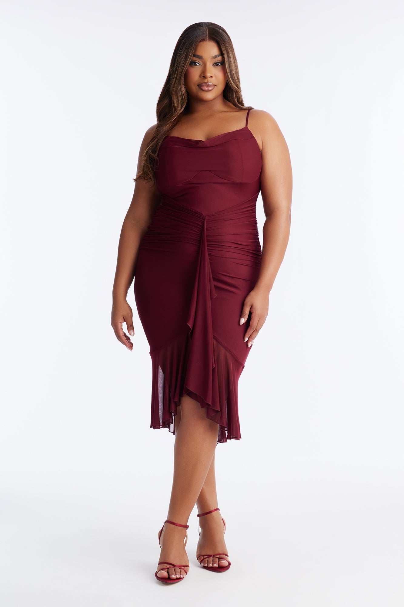 Mine Tonight Ruched Mesh Midi Dress - Wine